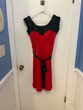 Red Midi Fit-and-Flare Dress with Black Contrast Trim